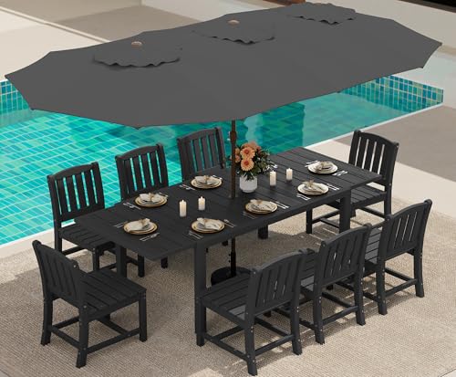 SERWALL 10-Piece Patio Dining Sets with 15FT Patio Umbrella, 60" - 83" Expandable Outdoor Dining Table and 8 HDPE Chairs, Aluminum Frame Table with HDPE Tabletop, Black (Umbreall Base not Included)