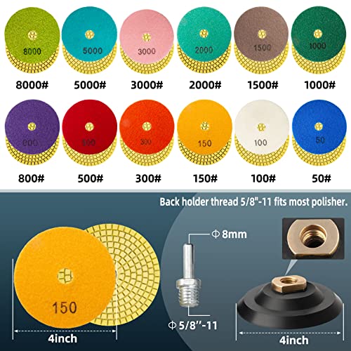 14 Pack 4 Inch Diamond Polishing Pads Kit with 2PCS 5/8’’-11 Backer Pad 12PCS Wet/Dry Polish Pad Set for Drill Grinder Polisher 50-8000 Grit Pads for Granite Marble Stone Concrete Countertop Quartz by NEUERMOND - Image 2