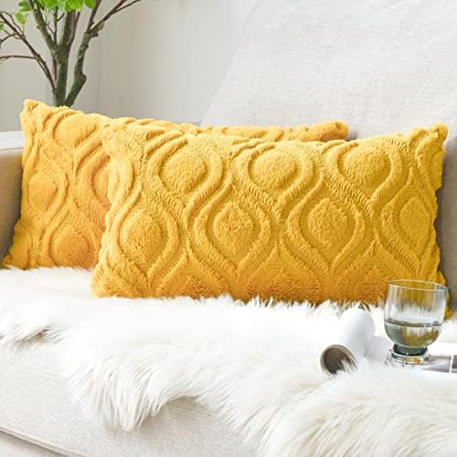 Pack of 2 Soft Faux Cotton Fur Plush Wool Cushion Covers, Boho Throw Pillow Covers Only, Comfortable Decorative Square Rectangular Cushion Covers for Couch Sofa Bedroom Yellow 12"X20"(30cmx50cm)