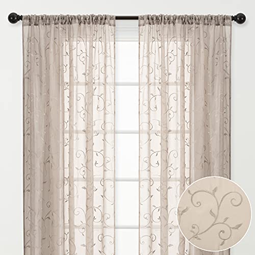 Chanasya Premium Embroidered Swirl Vine Curtains - Sheer Curtains for Living Room, Bedroom, Kitchen - 52" x 63" - Beige, 2 Panels