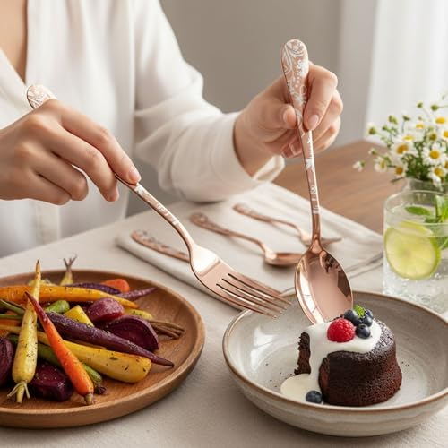 Image of 20 Pcs Rosegold Floaral Stainless Steel Cutlery Set for Dining Table with Spoons and Forks Set + Butterknives - The Perfect Tableware /Flatware