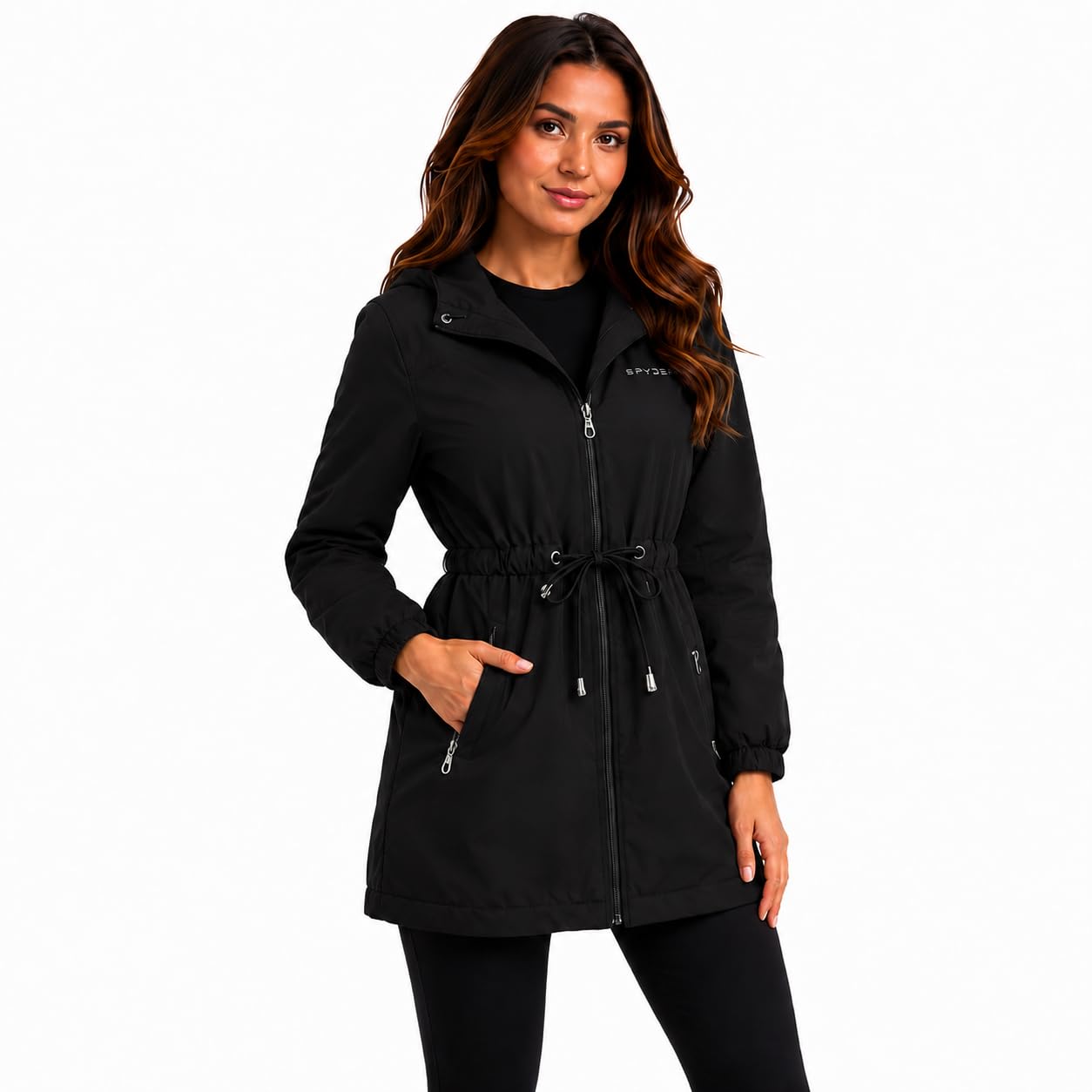 Spyder Womens Lightweight Jackets - Wind and Water Resistant 2 Way Stretch Long Hooded Quilted Jackets for Women with Pockets, Black, XL