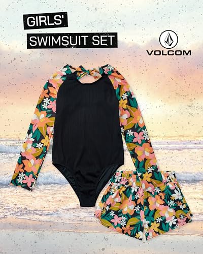 Image of Volcom Girls' Swimsuit Set - UPF50+ Quick-Dry Girls One Piece Swimsuits with Matching Swim Shorts for Swimming (Sizes: 2T-16)
