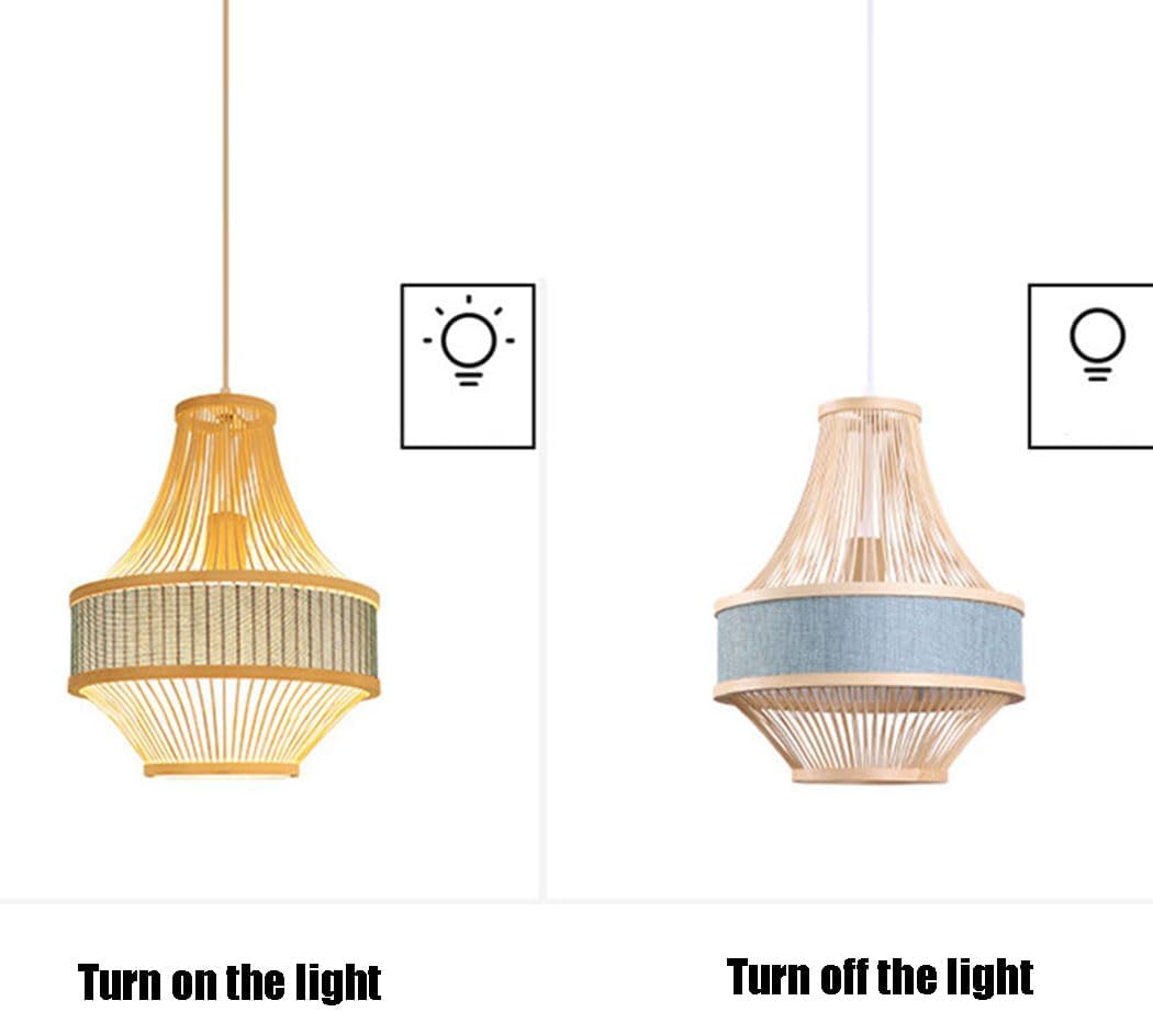 Kitchen Island Pendant Lamp Coastal Blue Linen Chandeliers Shade Farmhouse Bamboo Cage Pendant Light Fixtures Boho Ceiling Hanging Lamp For Living Dining Room, Bedroom, Porch Decor