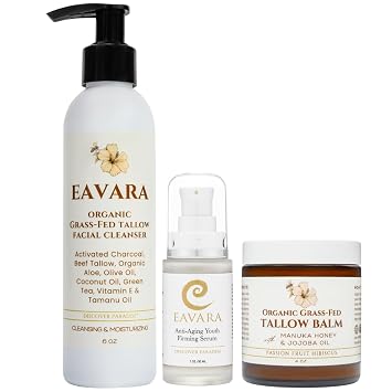 Tallow Cleanser, Facial Serum, and Tallow Balm Set Clean, Natural, and Organic Skincare Trio with Grass-Fed Tallow, Hyaluronic Acid, and Vitamin C Ultra-Hydrating & Deeply Cleansing