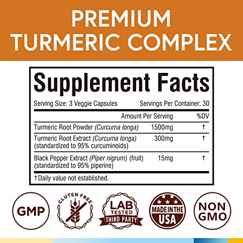 Turmeric Curcumin 1800Mg, With 95% Curcuminoids, 15Mg Black Pepper For Maximum Absorption, Joint Mobility & Antioxidant Support, Made In Usa, Non-Gmo, No Gluten, 90 Vegan Capsules #TOP1