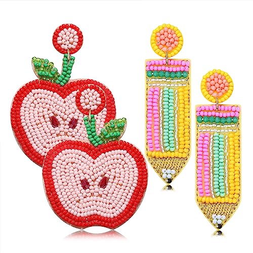 2 Pairs Teacher Earrings for Women Beaded Apple Pencil Drop Dangle Earrings Funny Back To School Jewelry Gifts for Teacher Appreciation