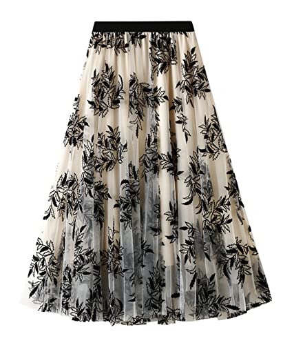 Women's Midi Tutu Tulle Layered Skirt Mesh A-Line Flocking Fairy Elastic Waist Maxi Hem Mesh Skirt