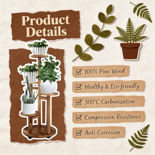 Image of GEEBOBO 5 Tiered Tall Plant Stand for Indoor | Wood Plant Shelf Corner Display Rack, Multi-tier Planter Pot Holder Flower Stand for Living Room Balcony Garden Patio, Brown