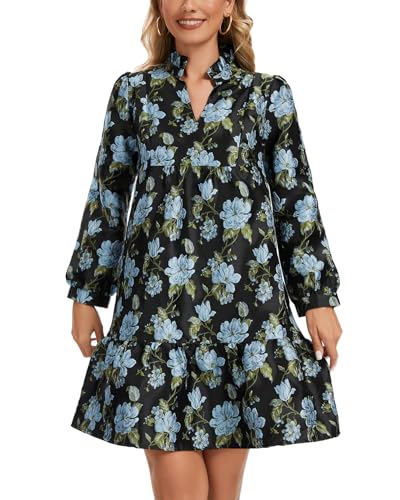 Women Jacquard Mini Dress Long Sleeve Ruffle V Neck Tiered Tunic Shift Floral Party Short Dresses4