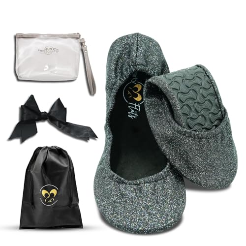 Ballet Slippers for Women | Foldable Ballerina Shoes for Purse with Heels Bag and Hair Bow | Comfortable for Travel Concert, Stylish Evening Dress | Stretchy for Wide Width and Narrow Feet
