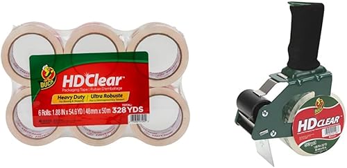 Duck - Repuesto de cinta de embalaje transparente HD resistente, 6 rollos, 1.88 pulgadas x 54.6 yardas, (441962) con dispensador de cinta de espuma