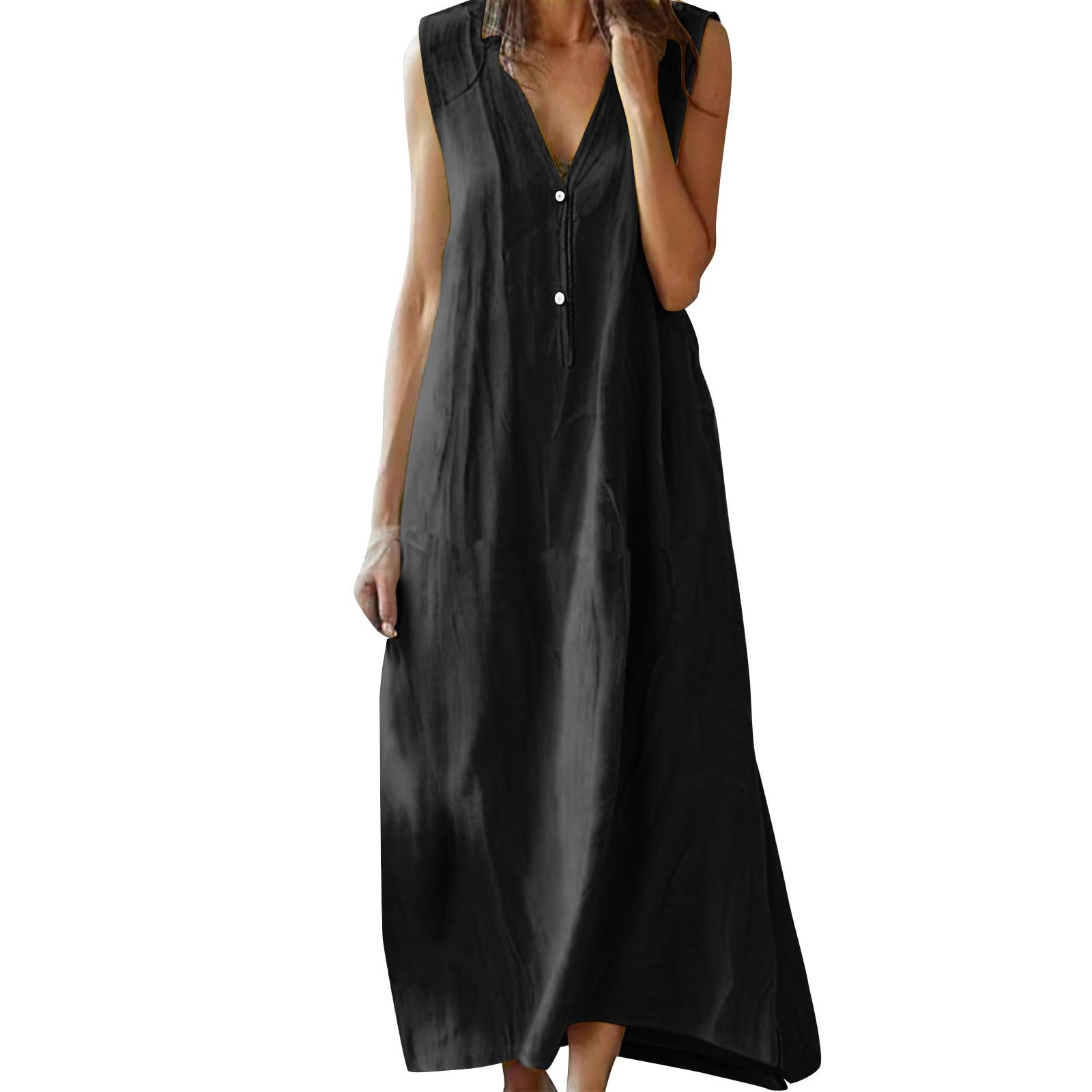 Linen Dresses for Women 2025 Summer Sleeveless Button V Neck Work Maxi Dress Boho Beach Sundress Lightweight Frocks(Black,XX-Large)