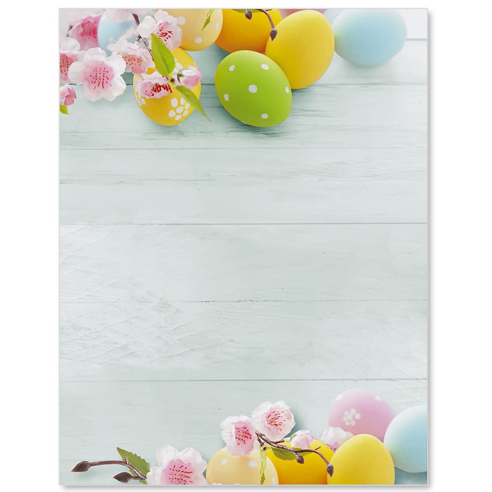 PaperDirect Easter Medley Border Paper, White Background with Dyed Easter Eggs and Pink Flowers Top and Bottom, 8.5 x 11, Acid-Free, Ideal for