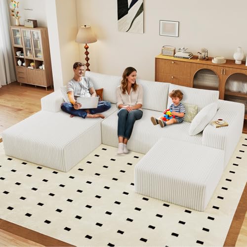 Image of 96 inch U-Shape Cloud Couch, Modern Modular Sectional L-Shape Sofa with Ottoman, Corduroy Upholstered Couches Deep Seat Sleeper Chaise Longue for Living Room, No Assembly Required(White, Left Facing)