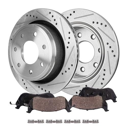 Image of Detroit Axle - Rear Brake Kit for Ford 2012 2013 2014 F-150 [7 Lugs], Drilled and Slotted Disc Brakes Rotors Ceramic Brake Pads with Hardware Replacement : 13.70 inch inch Rotors