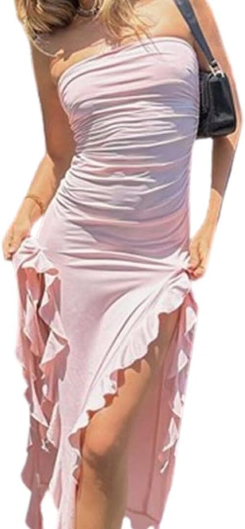 itnpbwus Strapless Tube Dress for Women Irregular Ruffle Rim Split Thigh Dresses - Image 2