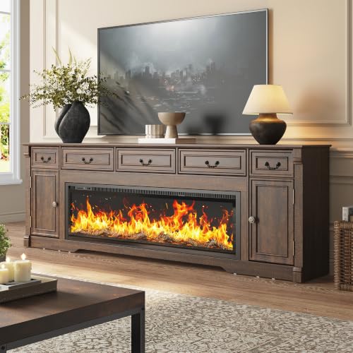 95" Fireplace Farmhouse TV Stand with 60" Electric Fireplace w Remote,Brown