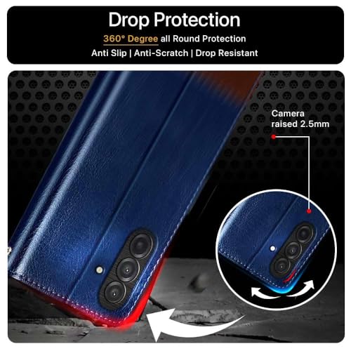 Image of FLIPPED Vegan Leather Flip Case Back Cover for Samsung Galaxy M17 5G | A17 5G | F17 5G (Flexible, Shock Proof | Hand Stitched Leather Finish | Card Pockets Wallet & Stand | Blue with Brown)