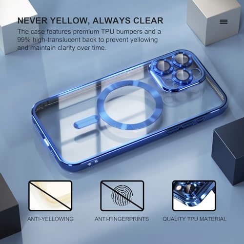 Image of Misea Magnetic for iPhone 15 Pro Max Case Compatible with MagSafe | [Never Yellowing] [Military Drop Protection] Full Camera Lens Protector Plating Soft Clear Phone Case for Women, Deep Blue