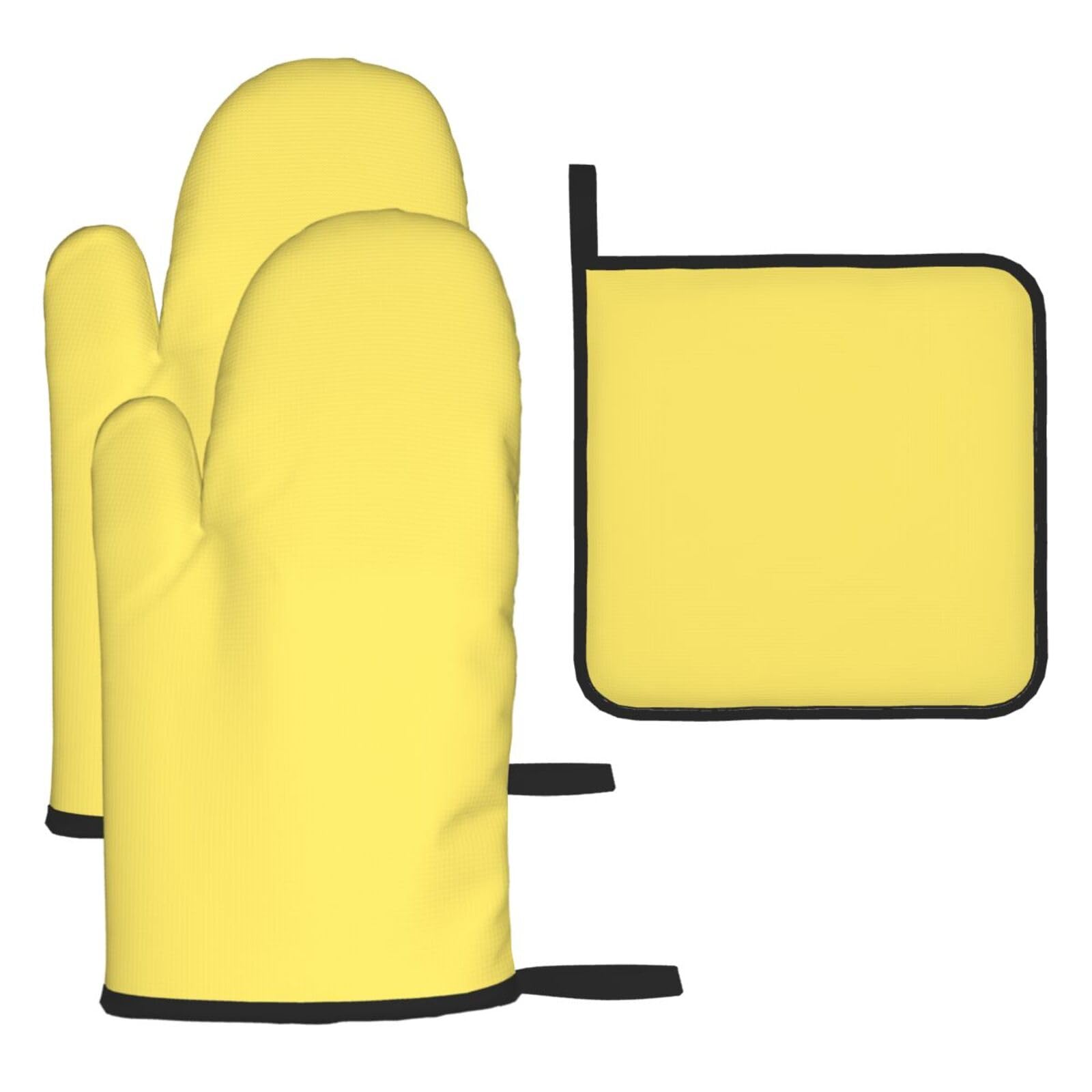 Bright yellow Oven mittens and oven mitts three-piece set suitable for oven, grilling, baking, microwave and home cooking.