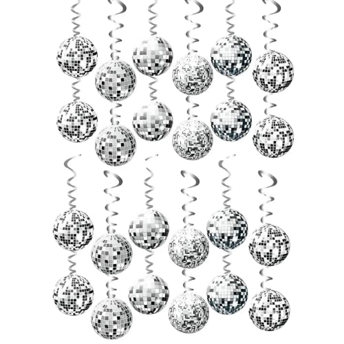 Image of MEISH 24 Pcs Disco Ball Decorations Silver Hanging Garland Plastic Glitter Streamer 70s Shiny Foil Spiral Colorful Disc Pull Strips Ceilings Decor Swirls Disco Party Ornament for Birthday Wedding