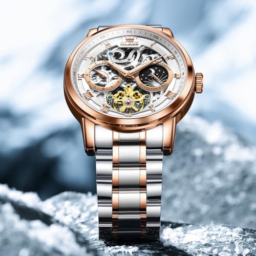 Image of OLEVS Automatic Men Watch Self Winding Mechanical Moon Phase Business Luxury Diamond Dress Stainless Steel Waterproof Luminous Mens Wrist Watch