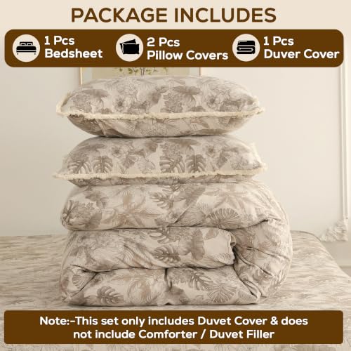 Image of Story@Home King Size Bedcover Set | 400 TC Microfiber Bedding Set with 1 Duvet Cover 1 King Bedsheet 270 x 250 cm & 2 Pillow Covers | Soft Durable Duvet Cover Set Floral Pattern|Beige Brown