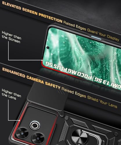Image of WOW IMAGINE Tough Armor Bumper Mobile Back Case for Mi Redmi 13 5G | Poco M6 Plus 5G | Sliding Camera Shield Cover | Shock Proof 360 Protection | Hybrid PC + TPU | Ring Holder with Kickstand - Black