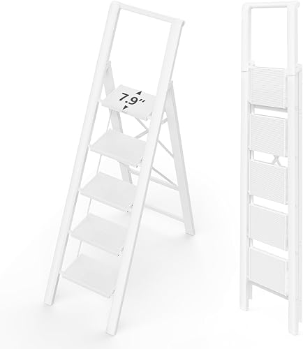 Escalera de 5 peldaños con peldaños anchos, escalera ligera portátil con asa, escalera plegable de aluminio con pies antideslizantes, fácil de