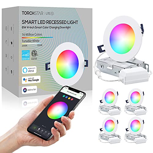 TORCHSTAR LED Color Changing 4 Inch Recessed Lighting with J-Box, 8W RGBCW WiFi Smart Recessed Lights, Warm & Cool White 2000-5000K Dimmable, Works with Alexa Google Siri, ETL & ES Listed, Pack of 4