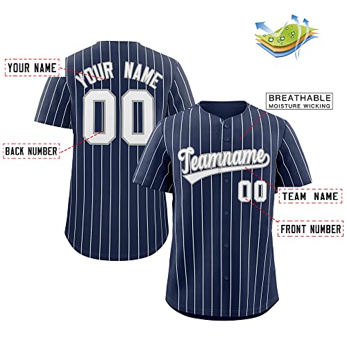 Custom Pinstripe Baseball Jersey Button Down Shirt Printed or Stitched Personalized Name Number for Men/Women/Youth Navy/White Stripes-33 miniatura 2