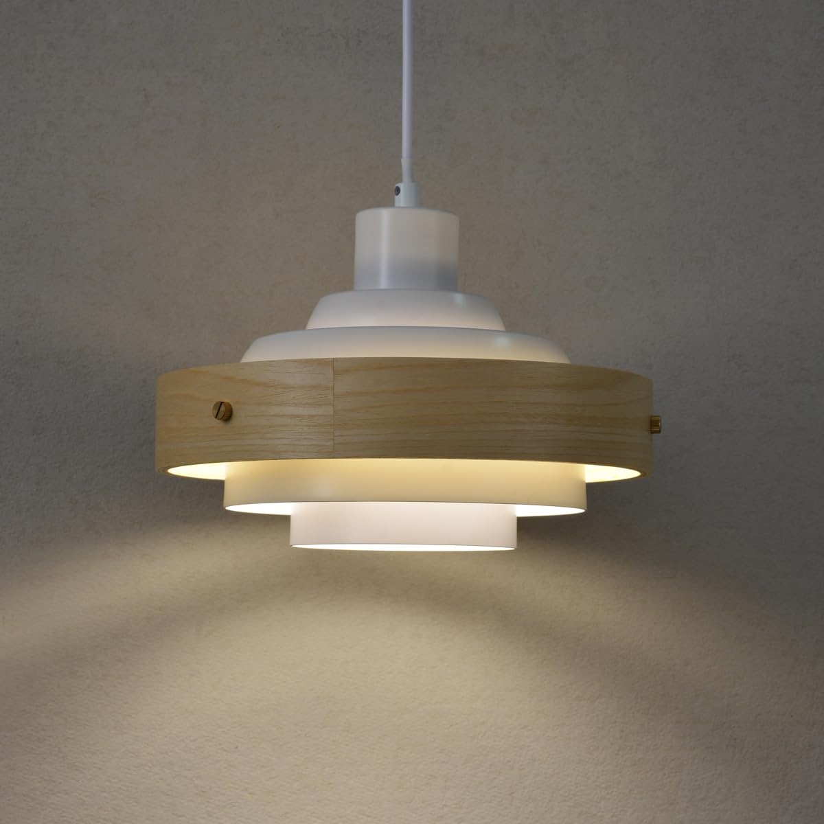 Ouglres M-1127S/Whi-De Pendant Light For Kitchen Island White,Mid Century Wood Pendant Lamp With Ø30cm Metal Lampshade,E27 Modern Island Light For Living Room,Dining Room,Bedroom,Cafés,Bars