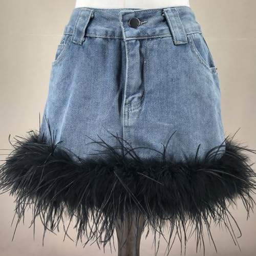 LVCOMEFF Women's Ostrich Feather Fringe Denim Skirt Midi Waist Wrap Hip Short Jean Skirt with Pocket Y2K4