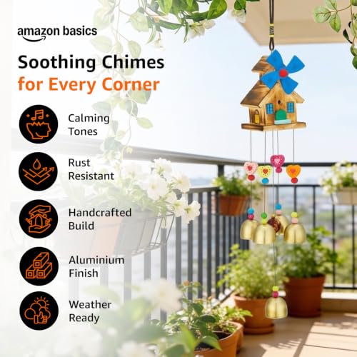 Image of Amazon Basics Decorative Wind Chimes for Balcony, Home & Garden | Pleasant Sound | Handcrafted | Metal Chime for Home Decor & Gifting | Color Gold | Material: Aluminum | Size: 46L x 6.5W x 6.5H cms