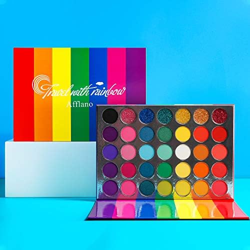Afflano Eyeshadow Palette Colorful Rainbow Matte And Shimmer Pressed Glitter, Pigmented Eye Shadow Pallets Pink Red Orange Yellow Green Blue Purple 35 Color,Blendable Bright Makeup Palette For Women