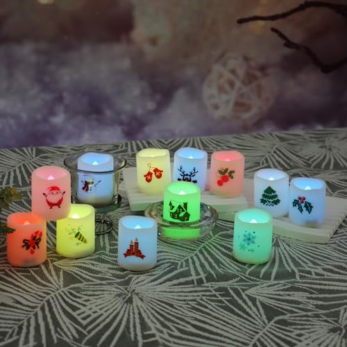 CANDLE CHOICE クリスマスカラーチェンジ電池式 フレームレスボーティブキャンドル 小型 リアルな電気LEDボーティブ クリスマステーマデカール付き クリスマスパーティーデコレーション用 電池12個入り [4]