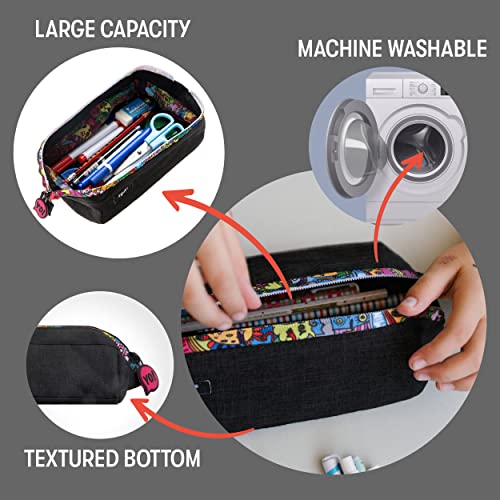 Image of ZIPIT: Lenny Pencil Case - Black & Doodles - Large Storage Capacity Zipper Pouch, Makeup-Stationery Bag, School, Washable Polyester, Kids-Teens-Adults