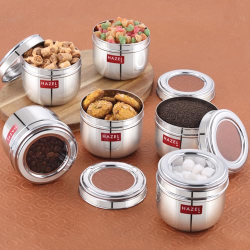 Image of HAZEL Stainless Steel Transparent Lid Containers | Versatile Storage Jars with See-Through Top | Nesting Kitchen Canisters for Spices, Snacks & Grains | 500ml (Set of 6)