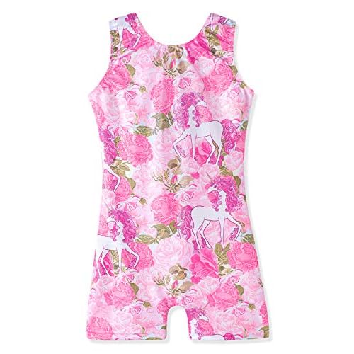 HOZIY Gymnastics Leotards with Shorts for Girls Toddlers Kids Biketard Tumbling Outfits Sparkle Unicorn Leopard Galaxy 1-2T A Green Floral