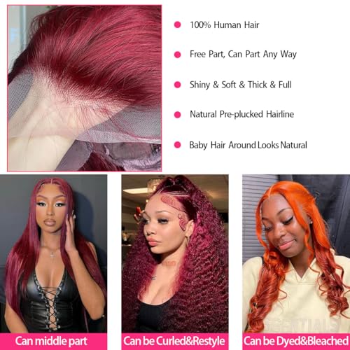 Image of tobasew ​99J Burgundy Lace Front Wigs Human Hair 200 Density Straight 13x6 HD Transparent Lace Frontal Wigs Human Hair Pre Plucked Glueless Red Color Human Hair Lace Front Wigs for Women 30 Inch