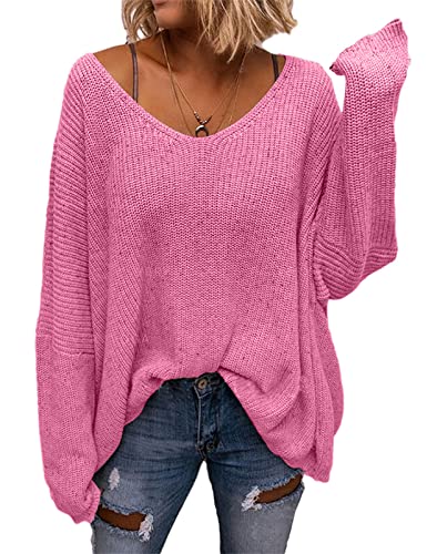 Image of BZB Women's V Neck Long Sleeve Knit Loose Oversized Pullover Sweater Top