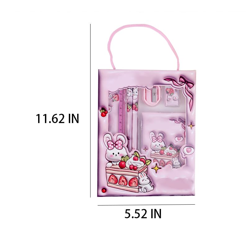 Image of 6-Piece Creative Stationery Set, Complete Set of Learning Supplies, Portable Stationery Gift Box Six in One, Suitable for Birthday Gifts, Daily Writing, Artistic Handicraft Use(Rabbit Set-Pink)