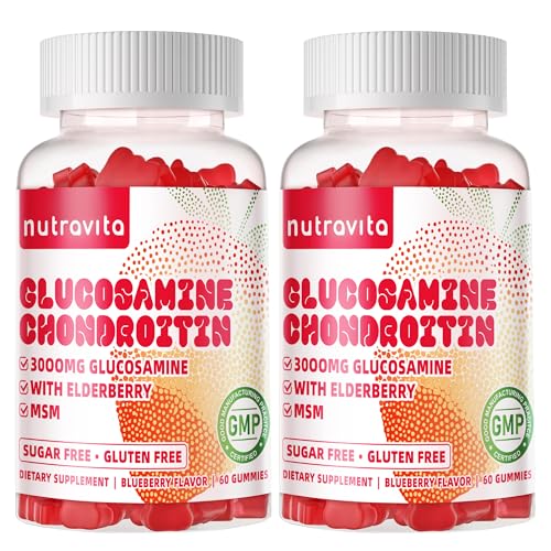 Nutravita Glucosamine Chondroitin Gummies with MSM & Elderberry Extra Strength - Joint Support Antioxidant Immune Support Supplement for Adults Men & Women.120 Strawberry Chews