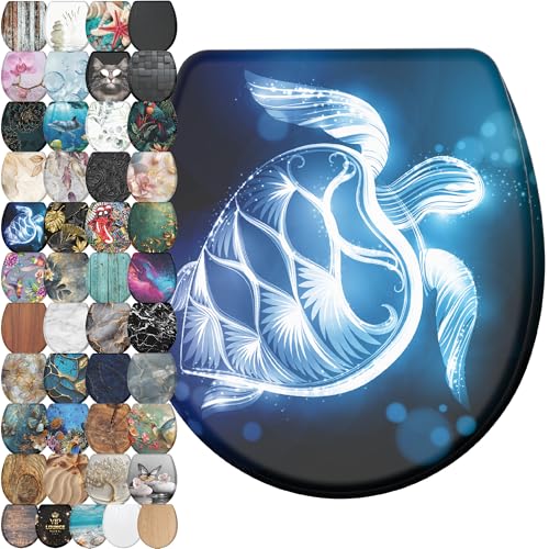 Image of Sanilo Wooden Toilet Seat with Quick Release & Soft Close [ROUND] - Decorative & Slow Close Molded Wood Seat - With One Click for Easy Installation & Cleaning - With Adjustable Fit (Glow Turtle)