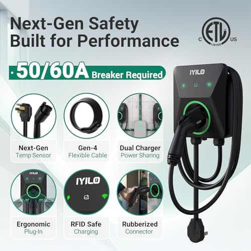 Image of Level 2 EV Charger, 40-48Amp /11.5KW, J1772 Wall Electric Car Charger with Dual Temp Sensors, Wi-Fi(2.4 GHz), RFID, Smart App-Scheduled Charging, NEMA 14-50P, 240V, UL, ETL & Energy Star