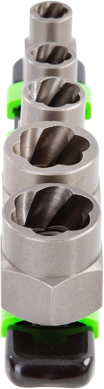 OEMTOOLS 22992 5 Piece Spiral Type Extractor Set on Aluminum Rail, Universal Stripped Bolt Extractor, Set of 5 Stripped Bolt Remover Tools