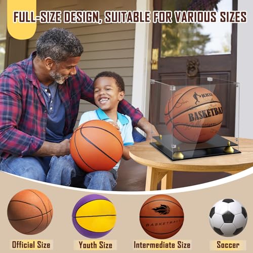 Image of KKU Acrylic Basketball Display Case, Clear Full Size Basketball Case Display, Double Tier Black Basketball Display Stand for Autographed Basketball Display (Watch The Video to Assemble)
