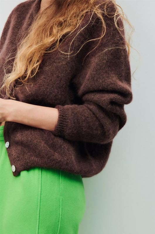 Image of Women Button Down Cardigan Long Sleeve Crewneck Sweater Vintage Lightweight Knit Jacket Fall Going Out Top