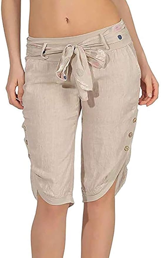 HaiDean Ladies Linen Capris Summer Casual 3/4 Modern Short Summer